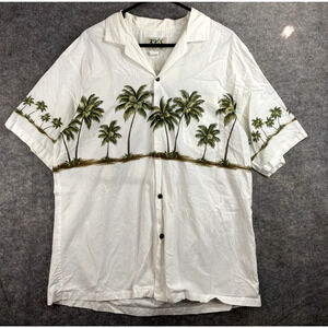 KY's Hawaiian Shirt Mens XL White Short Sleeve Palm Trees Graphic Made In Hawaii